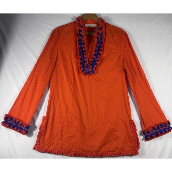 Tory Burch Tunic SAMBA Orange Blue Accents Artsy Boho Luxe Lightweight 4 Sheer - Picture 1 of 13